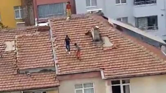 Güvercin yakalamak için çatıya çıkan çocukların tehlikeli oyunu