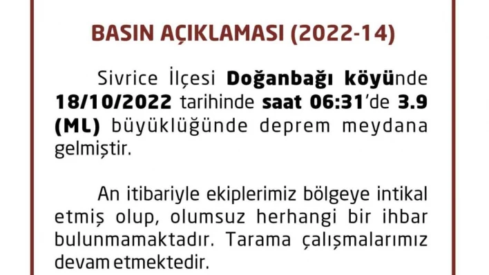 Elazığ Valiliğinden deprem açıklaması, 'Olumsuz herhangi bir ihbar bulunmamaktadır'

