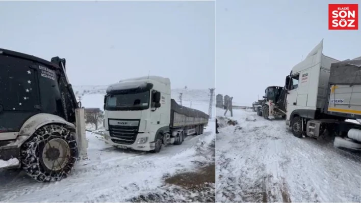 Kar yağışından dolayı yolda kalan tır ekipler tarafından kurtarıldı

