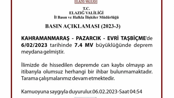 Elazığ Valisi Ömer Toraman: 'Şu ana kadar ilimizde herhangi bir yıkım ihbarı almadık'

