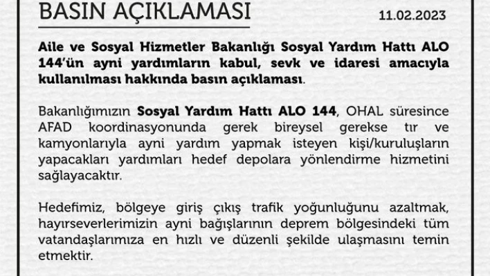 ALO 144, OHAL sürecinde yardım yapmak isteyenler için yönlendirme hattı olacak

